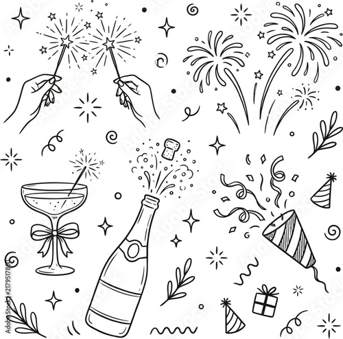 Celebration doodles including champagne fireworks and party favors in a black and white sketch festive