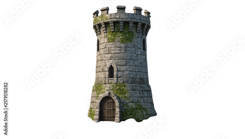 Ancient stone castle tower with wooden door and moss, isolated on transparent background