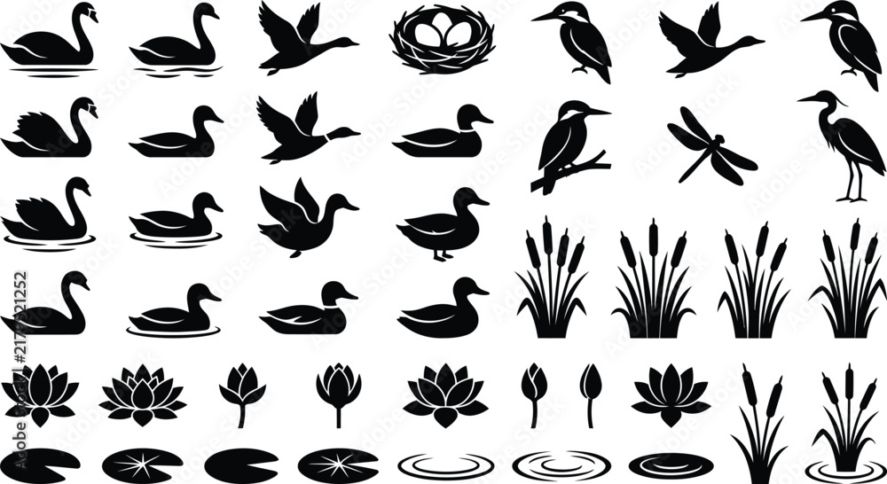 Obraz premium Black White Wetland Wildlife Silhouette Set with Birds Plants and Water
