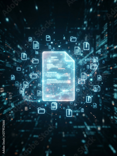 Glowing digital document icon connected to file icons in a dark network