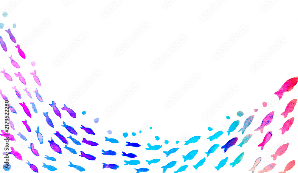 Obraz premium Watercolor underwater fish frame, transparent PNG, tropical ocean border with seaweed, marine life background, copy space / 水彩 海中 魚 フレーム 透過PNG 熱帯魚 海藻 海 洋風 背景素材 コピースペース 魚の群れ