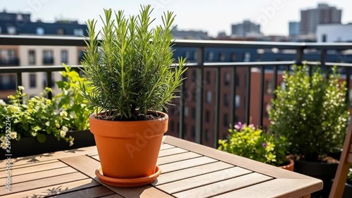 Vibrant rosemary plant in a terracotta pot on a sunny urban balcony table.
