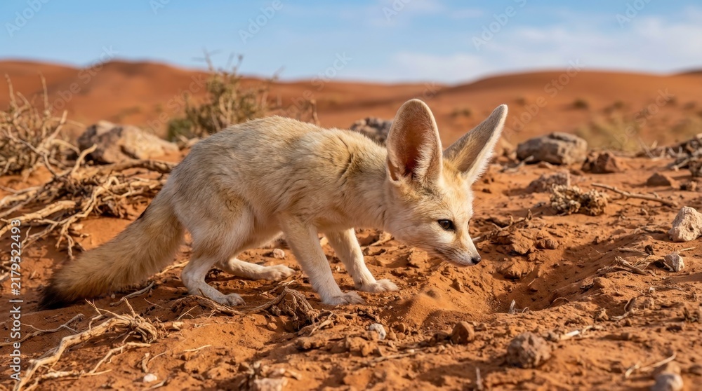 Fototapeta premium Desert Dweller: A Fennec Fox with its distinctive oversized ears ventures across the sandy terrain of a desert landscape, its small form dwarfed by the vast, arid expanse.