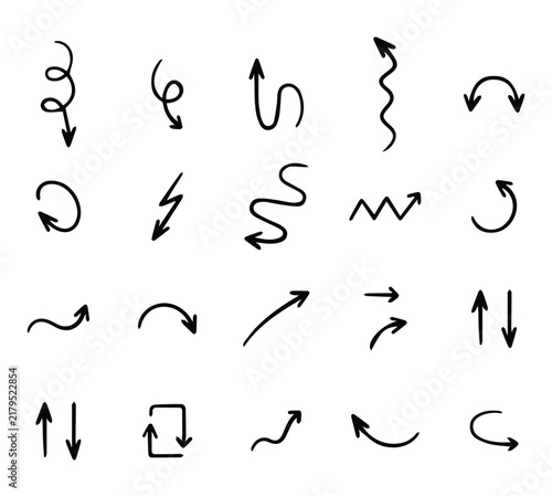 A clean collection of minimal arrow shapes and directional symbols designed for modern graphic design. Includes simple arrows, curved arrows, loop arrows, movement indicators, and navigation elements.