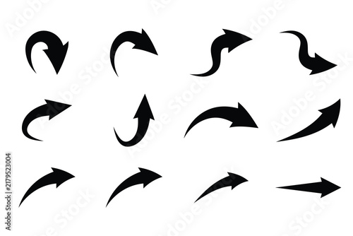 Curved arrows and modern navigation symbols. A collection of bold black arrow shapes featuring thick directional pointers, Ideal for branding, advertising, posters, presentations, websites, and strong