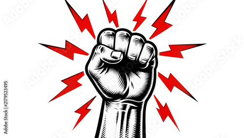 Konstfotografi Fist raised with red lightning bolts radiating outwards, isolated on transparent