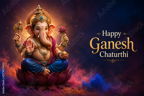 Festive lord ganesha statue seated on lotus with glowing colorful background for ganesh chaturthi celebration and devotional lord ganesha puja banner design