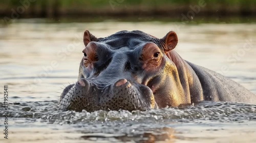 Powerful hippopotamus splashing water in a river at sunset, showcasing wild nature.