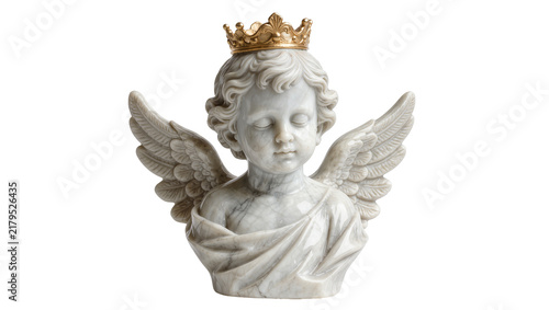 Фотография Marble cherub bust with golden crown and feathered wings, isolated on transparen