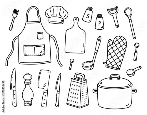 Hand-drawn kitchen utensil collection with apron, chef hat, cutting board, cookware and baking tools in a black and white doodle style. Perfect for recipes, menu design, and food projects.
