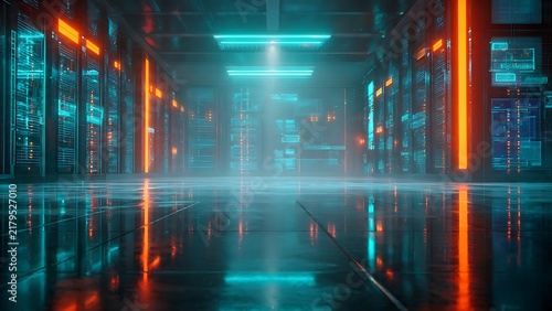 Futuristic server room corridor with blue cyber screens and orange neon pillars on wet floor