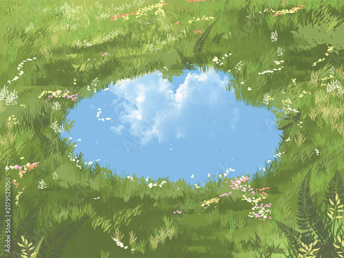 Enchanting Green Meadow Pond Reflecting Blue Sky And Clouds Vector Illustration