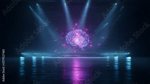 Human brain hologram glowing on stage with spotlights in dark futuristic room