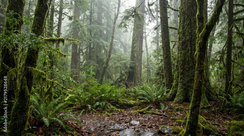 Obraz premium Rainforest floor features dense ferns and towering mossy trunks that create a dark and mysterious woodland environment.