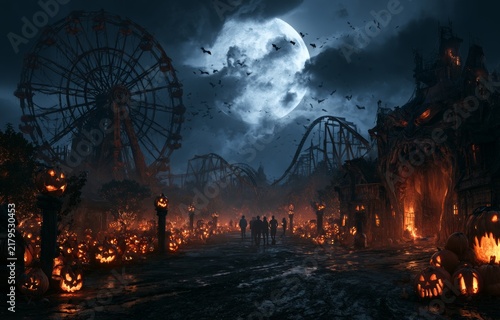 Haunted Halloween Amusement Park with Ferris Wheel and Pumpkins