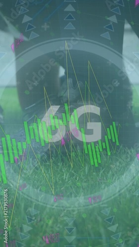Animation of data processing and scope scanning over diverse rugby players at stadium