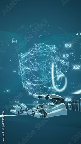 Animation of globe of connections over robot's arm and data processing on screens