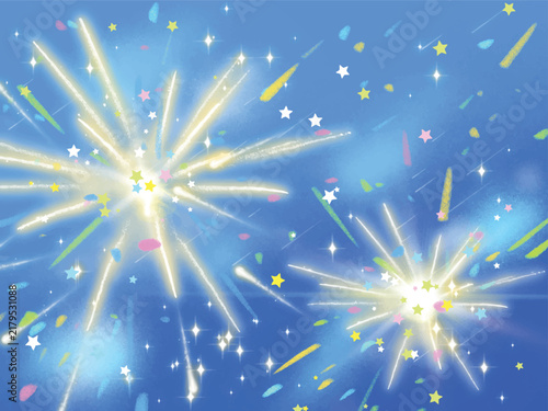 Bursting Celebration Fireworks And Flying Stars On Blue Sky Vector Illustration
