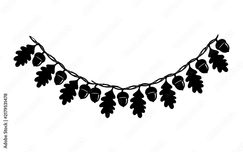 Obraz premium Black silhouette garland with oak leaves and acorns hanging on a white background acorn silhouette oak leaf