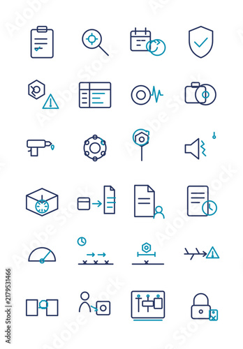 Equipment maintenance icon set, 24 elements: inspection, vibration and thermal diagnosis, lubrication, bearing wear, MTBF MTTR, failure mode, lockout tagout, editable stroke, isolated on transparent