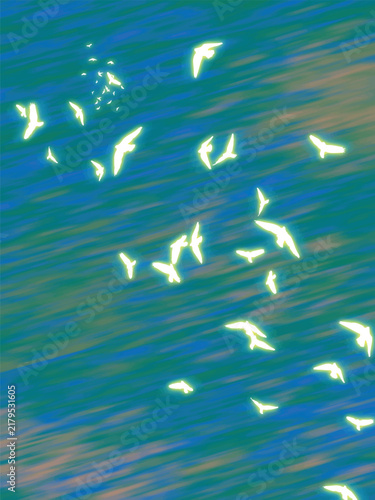 Glowing Flock Of Birds Flying Over Deep Blue Ocean Water Vector