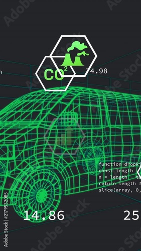 Animation of digital car interface and eco icons over 3d model of car