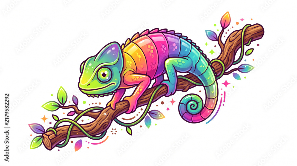 Obraz premium Colorful Rainbow Chameleon Perched on Twig Vector