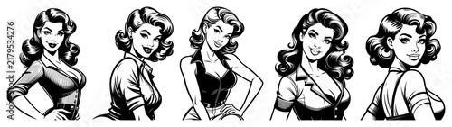 Photography Vintage pin up woman avatars collection, retro girl portrait set with classic ha