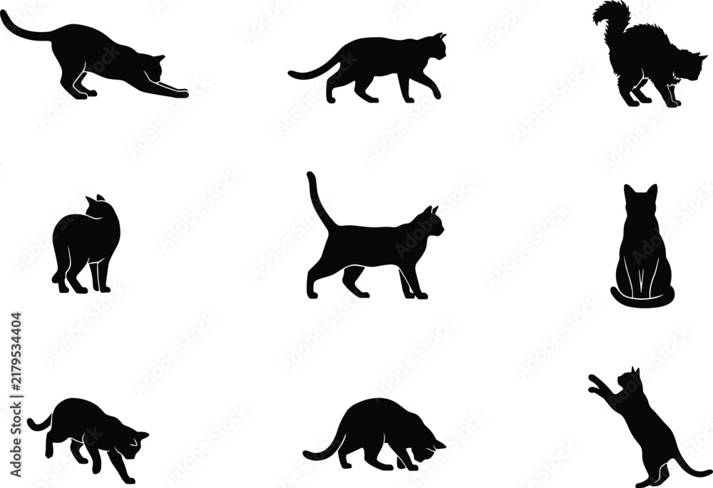 Fototapeta premium Black Cat Silhouette Icon Set with Various Poses Including Stretching Walking Sitting and Pouncing Elements for Pet Shop Branding Creative Crafts and Graphic Designs