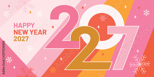 Colorful vector illustration for Happy New Year 2027 celebration. Large overlapping 2027 numbers with bright pink, orange, red and yellow geometric shapes, decorative snowflakes and festive winter ele