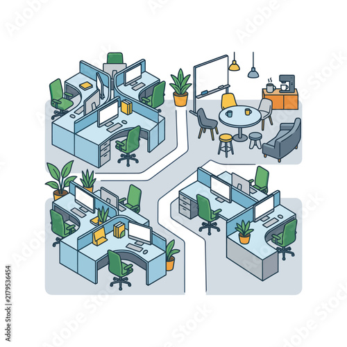 Modern open plan office workspace with cubicles and desks.