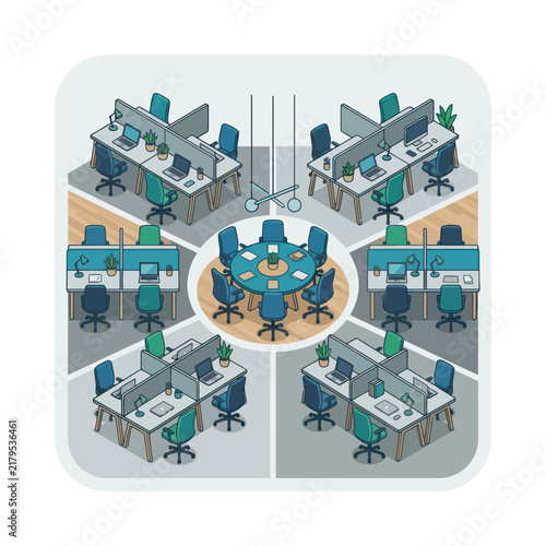 Modern open plan office workspace with cubicles and meeting area.