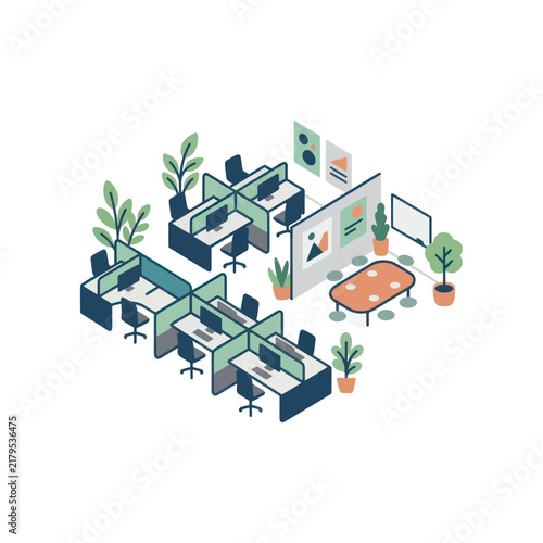 Modern open plan office workspace with cubicles and plants.