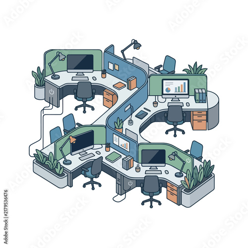 Modern open plan office workspace with multiple desks and computers.