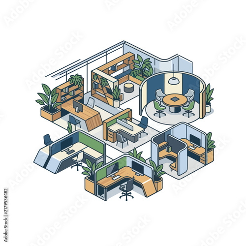 Modern open plan office workspace with desks and plants 1.