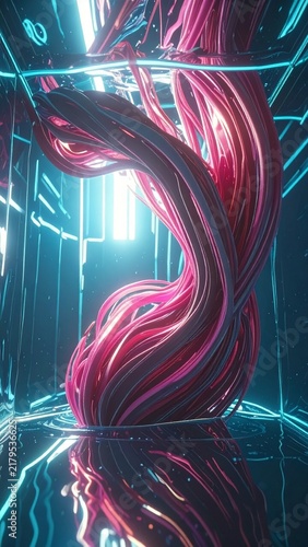 Light beams create reflections on colorful flowing strands in a digital setting during nighttime