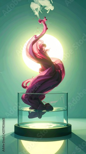 Colorful swirls of hair rise from a glass container in a bright setting