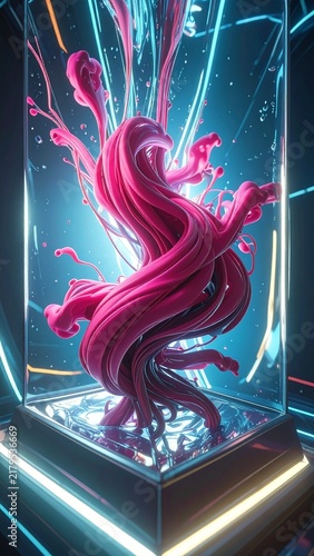 Colorful fluid shapes in a glass display case with vibrant lighting at a modern art exhibition