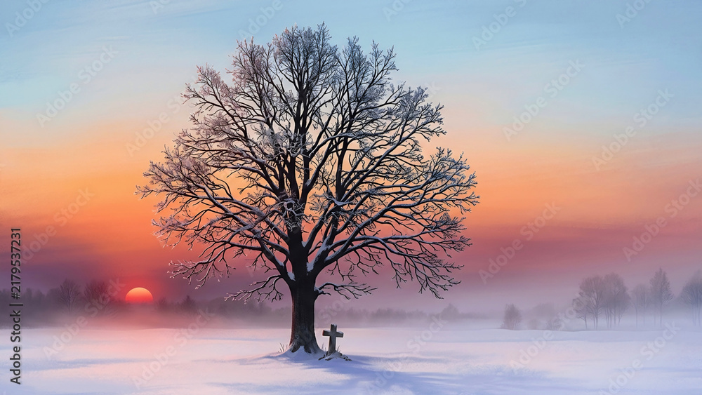 Obraz premium Winter Sunset Landscape Illustration with Solitary Tree