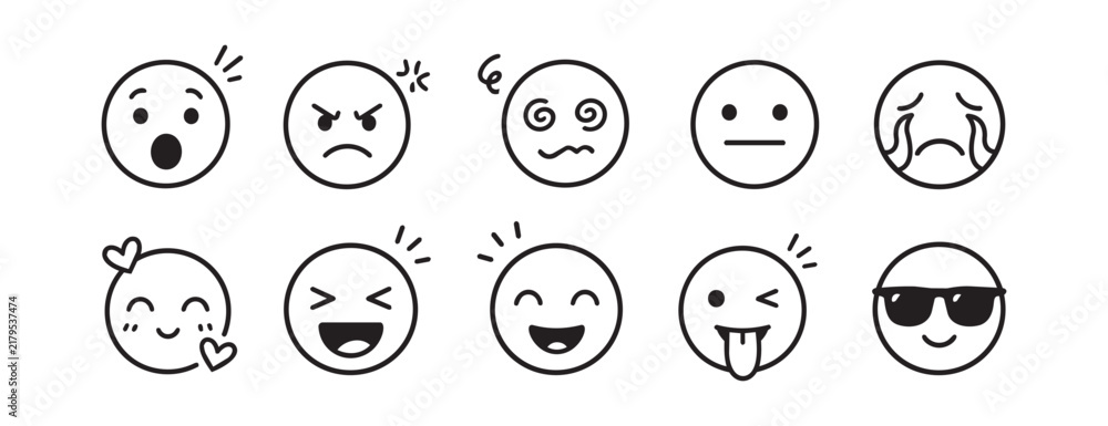 Fototapeta premium Hand drawn doodle outline emoji set featuring ten expressive round faces showing surprise, anger, dizziness, neutral calm, crying, blush, laughter, joy, wink, and cool sunglasses in simple black