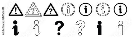 Information and warning sign vector set featuring question mark, exclamation, info icons for interface design