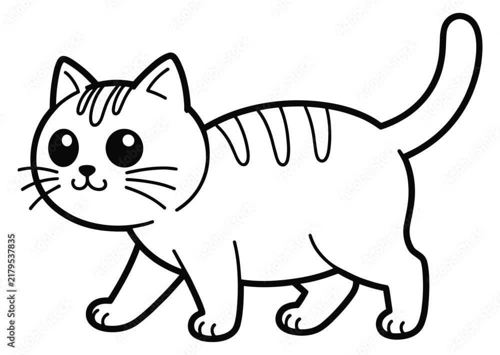 Fototapeta premium Cute Cartoon Cat Vector Illustration, Adorable Kitten Character with Fur, Tail and Playful Expression, Domestic Pet Animal Drawing for Children, Greeting Cards and Creative Design