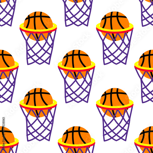 Seamless pattern with basketball hoops and balls for sports fans.