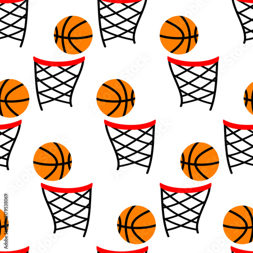 Seamless pattern with basketball hoops and balls on a white background.