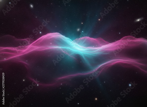 Abstract Space Nebula with Pink and Blue Gas Clouds and Shining Stars, concept of cosmic energy and interstellar exploration