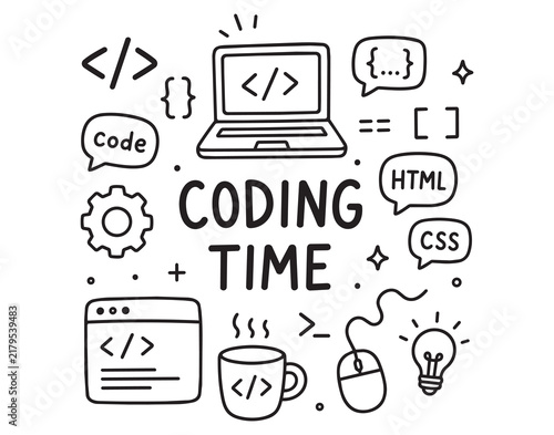 Hand drawn coding icons collage in outline doodle style with laptop code tag speech bubbles gear lightbulb coffee mug and mouse, with coding, programming, developer, laptop detail