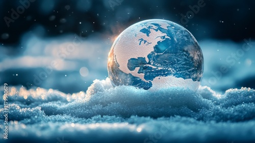 Frozen earth globe melting in snow, a creative environmental concept