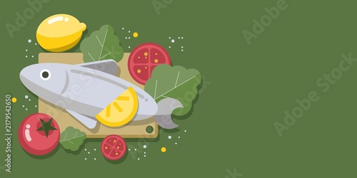 Obraz na płótnie Fresh fish with lemon vegetables for healthy cooking menu design