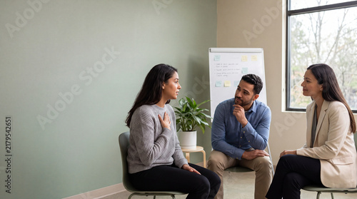 Coworkers practicing active listening in office setting with natural light and casual business attire