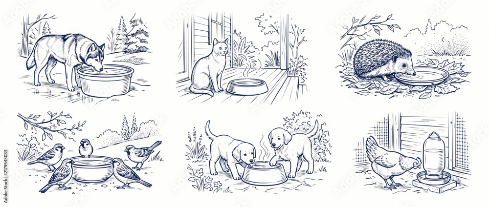 Obraz premium Animals drinking water line art illustration set featuring dog, cat, hedgehog, birds, puppies, and chicken drinking from bowls in simple ink sketch style vector graphic for coloring book art.